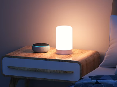 Headphone Speaker on Wooden Nightstand with Cylindrical Table Lamp in Bedroom with Bed and Pillows 3d model