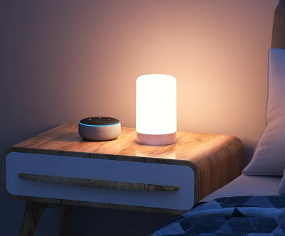 Headphone Speaker on Wooden Nightstand with Cylindrical Table Lamp in Bedroom with Bed and Pillows 3d model