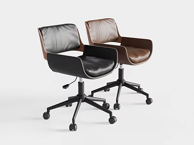 Two Modern Office Chairs With Black And Brown Leather Seats And Rolling Wheels 3d model