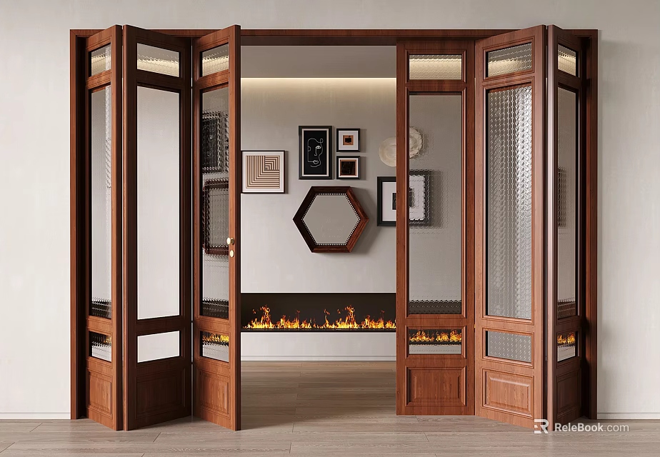 Open Wooden Folding Doors With Glass Panels And Fireplace Flames In Background 3d model 