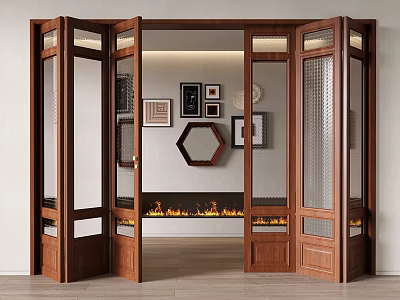 Open Wooden Folding Doors With Glass Panels And Fireplace Flames In Background 3d model
