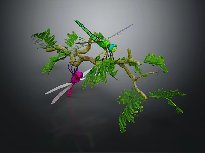 Two Green And Purple Dragonflies Resting On Branches With Green Leaves 3d model