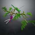 Two Green And Purple Dragonflies Resting On Branches With Green Leaves