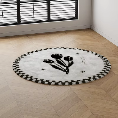 Round Rug White With Black Floral Star Pattern Decorative Border On Wooden Floor Indoor Space 3d model