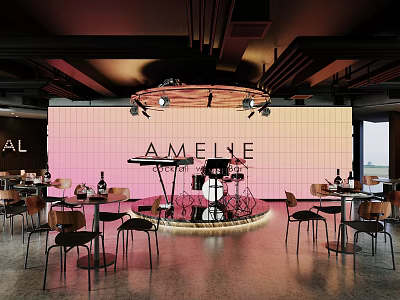 AMELIE Bar Interior With Pink Wall Stage Musical Instruments Tables Chairs And Chandelier 3d model