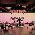 AMELIE Bar Interior With Pink Wall Stage Musical Instruments Tables Chairs And Chandelier