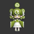 Cute Green And White Cartoon Character Creature With Spiral Hair And Lace Trimmed Kimono Outfit