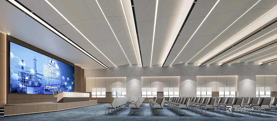 Modern Conference Room Interior Design With Large Display Ceiling Lights And Arranged Seats 3d model 