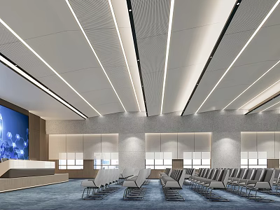 Modern Conference Room Interior Design With Large Display Ceiling Lights And Arranged Seats 3d model