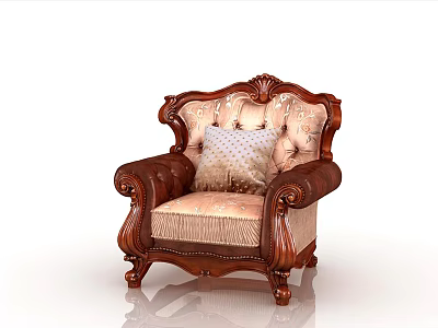 Ornate Vintage Single Armchair With Carved Wooden Frame Cushioned Seat And Decorative Pillow 3d model
