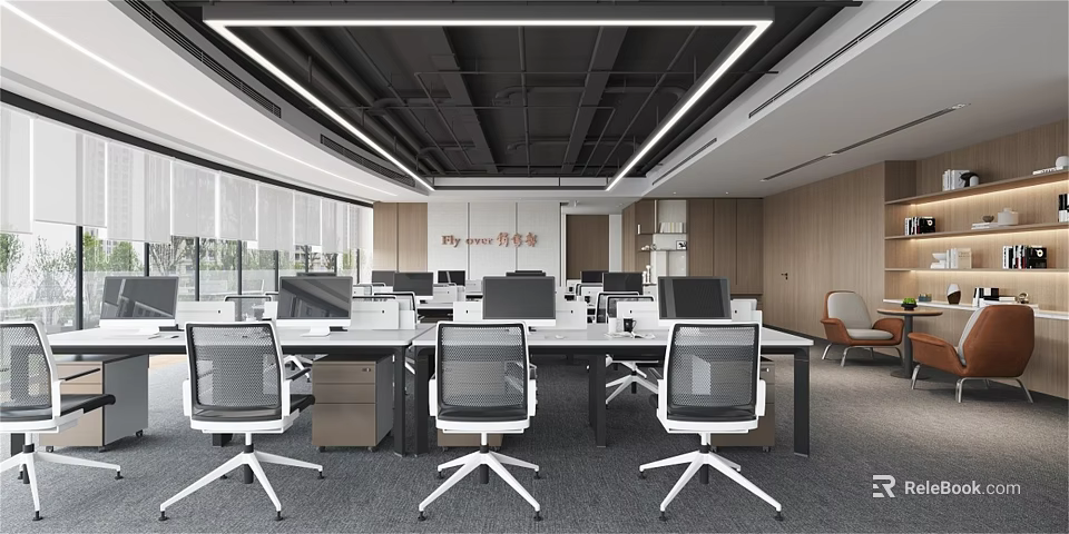 Modern Public Office Area With Open Layout Workstations Ergonomic Chairs And Computers 3d model