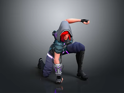 Hooded Red Haired 3D Warrior in Armor Kneeling with Purple Accents Combat Stance 3d model