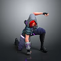 Hooded Red Haired 3D Warrior in Armor Kneeling with Purple Accents Combat Stance