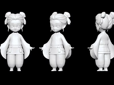 Cartoon Girl 3D Model in Traditional Outfit with Pigtails from Three Angles 3d model