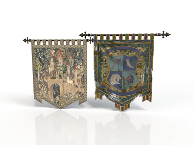 Medieval Tapestry Banners Displaying Castle Scene And Shield Emblem With Colorful Designs And Metal Hooks 3d model