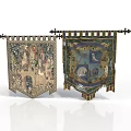 Medieval Tapestry Banners Displaying Castle Scene And Shield Emblem With Colorful Designs And Metal Hooks