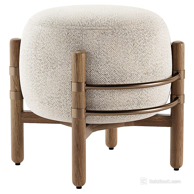 Modern Beige Upholstered Stool With Oak Wooden Legs And Brass Horizontal Accents 3d model 