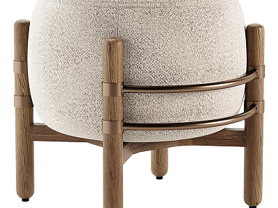 Modern Beige Upholstered Stool With Oak Wooden Legs And Brass Horizontal Accents 3d model