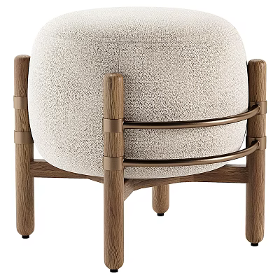 Modern Beige Upholstered Stool With Oak Wooden Legs And Brass Horizontal Accents 3d model