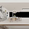 Modern Glass Globe Chandelier Above Dining Table with Staircase and Wall Art
