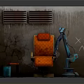 Industrial Recliner Chair With Robotic Arm Graffiti Wall And Damp Floor Setting