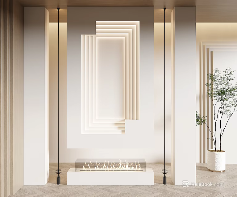 Modern Elegant Entryway Hallway Interior Design With Geometric Framed Wall Decor Lighting And Potted Plant 3d model 