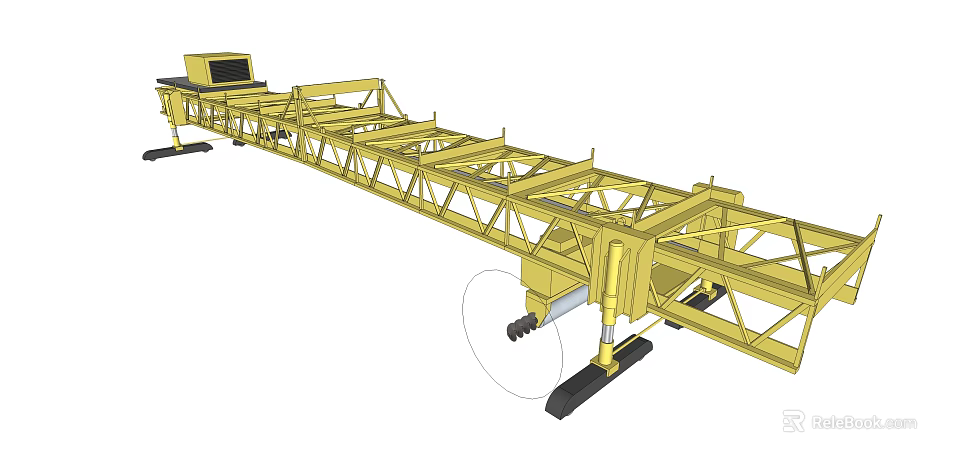 Yellow Industrial Crane with Elongated Metal Frame and Heavy Duty Support Components 3d model 