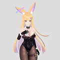 Woman With Bunny Ears And Long Blonde Hair Wearing Black Bodysuit Fishnet Stockings And Gloves
