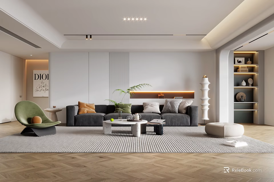 Elegant Modern Living Room Interior With Grey Sofa Geometric Rug And Wooden Coffee Table 3d model 