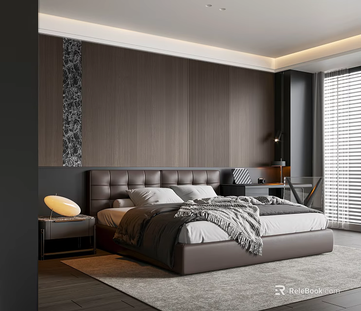 Modern Bedroom Interior With Dark Walls Leather Headboard Gray Rug Bedside Lamp Desk And Blinds 3d model 