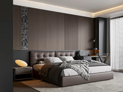 Modern Bedroom Interior With Dark Walls Leather Headboard Gray Rug Bedside Lamp Desk And Blinds 3d model