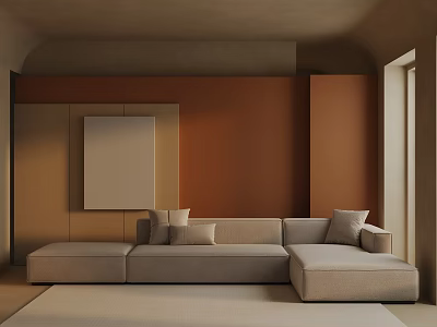 Beige Three Seater Sofa With Cushions In Modern Room With Terracotta Walls And Rug 3d model