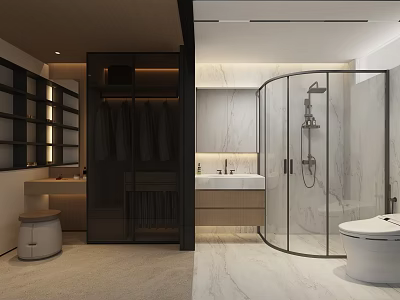 Modern Bathroom Interior With Marble Floor Glass Shower Enclosure Sink And Toilet 3d model