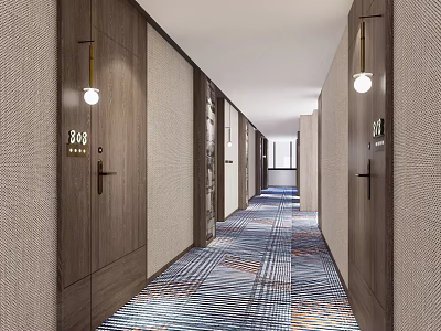 Hotel Corridor with Room Numbers Golden Wall Lamps Blue Geometric Carpet Modern Design Natural Light 3d model