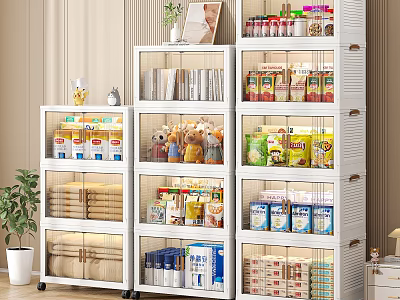 Modern White Multi layer Storage Cabinet Rack With Transparent Doors For Kitchen Food Storage 3d model