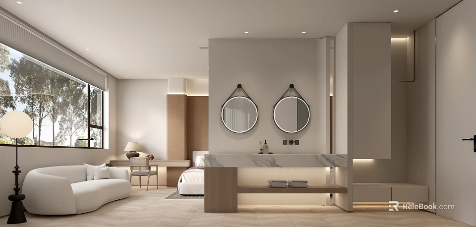 Modern Hotel Guest Room Interior With Round Mirrors Marble Countertop And Wooden Accents 3d model 
