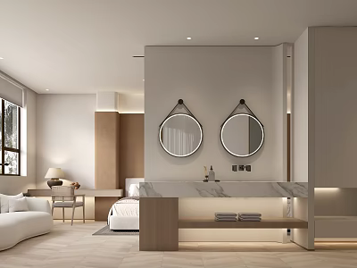 Modern Hotel Guest Room Interior With Round Mirrors Marble Countertop And Wooden Accents 3d model