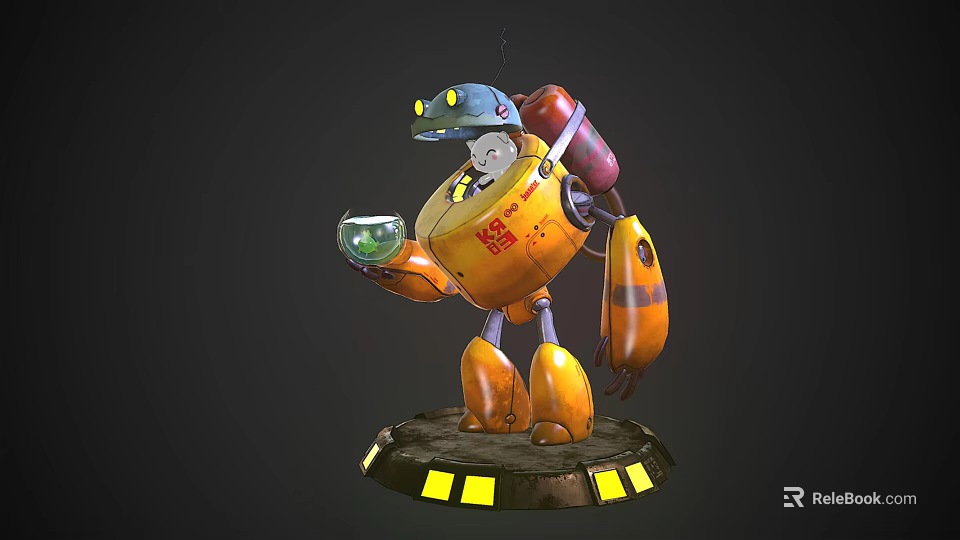 Robot Character with Blue Head Yellow Body Holding Green Orb on Black Base 3d model 