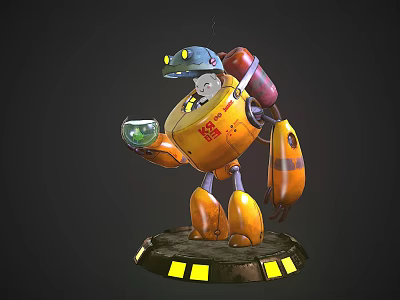 Robot Character with Blue Head Yellow Body Holding Green Orb on Black Base 3d model