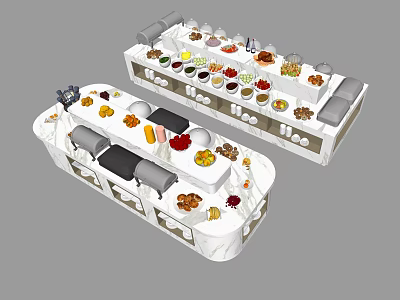 Two White Buffet Tables With Various Foods Fruits Desserts And Seats 3d model