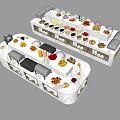 Two White Buffet Tables With Various Foods Fruits Desserts And Seats