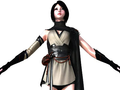 Woman With Short Black Hair Sleeveless Beige Top Black Belt Black Gloves Brown Waist Bag 3d model