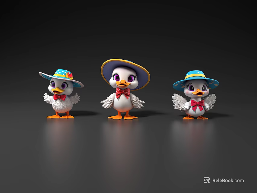 Three Cute Flying Cartoon Ducks Wearing Colorful Hats And Red Bow Ties 3d model 