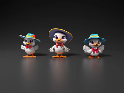 Three Cute Flying Cartoon Ducks Wearing Colorful Hats And Red Bow Ties 3d model