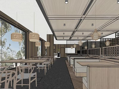 Spacious Restaurant Interior With Wooden Tables Chairs Hanging Lanterns And Large Windows 3d model