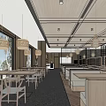 Spacious Restaurant Interior With Wooden Tables Chairs Hanging Lanterns And Large Windows