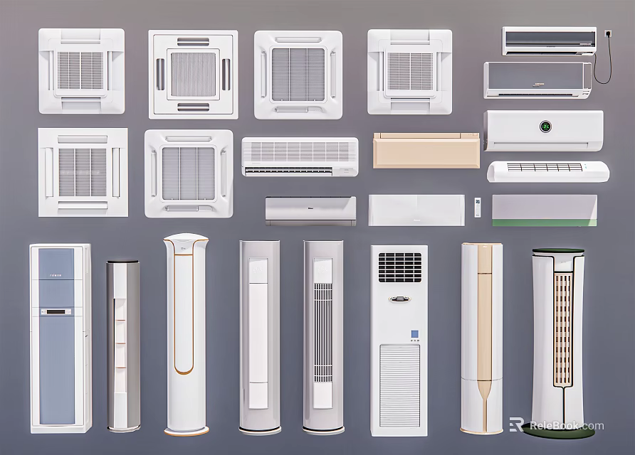 Different Styles of Air Conditioners and Fans Featuring Wall Mounted Tower and Window Units 3d model 