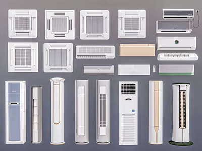 Different Styles of Air Conditioners and Fans Featuring Wall Mounted Tower and Window Units 3d model