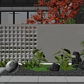 Garden Feature Wall With Lattice Grid Red Maple Leaves Green Plants Illuminated Strips Stone Pavement