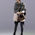 Stylish Woman Wearing Beige Coat Plaid Scarf Holding Patterned Handbag And Fitted Pants